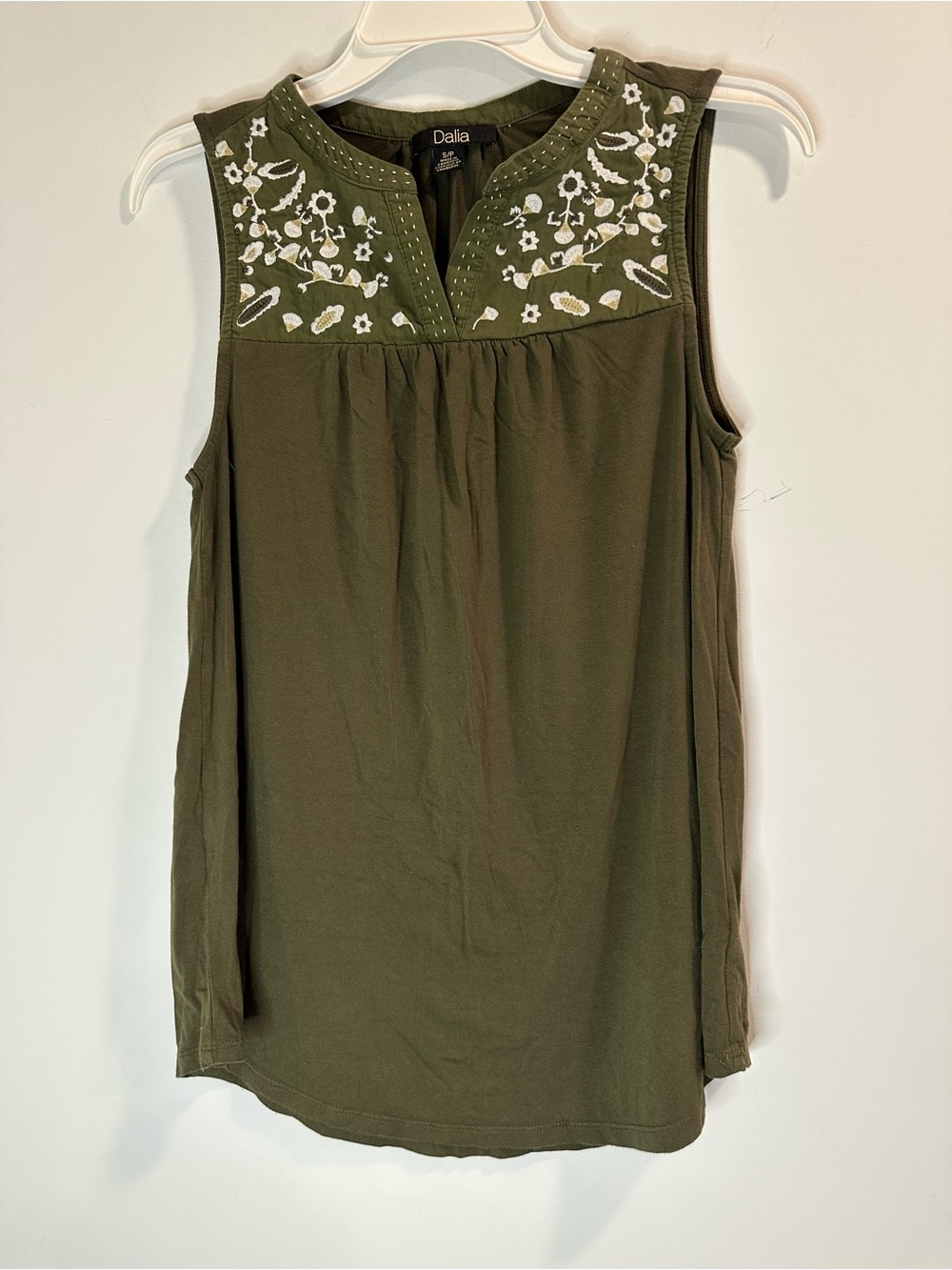 Dalia Olive Green Sleeveless Embroidered Yoke Camisole